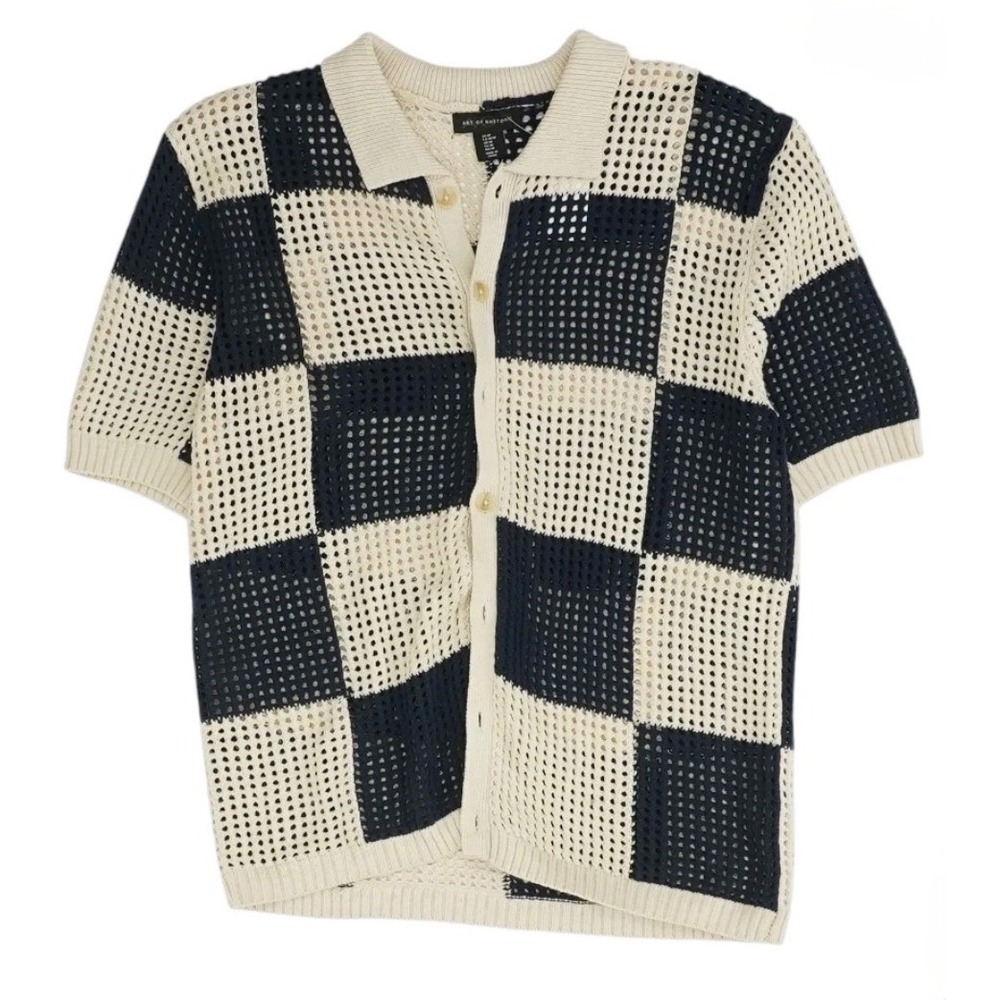 Art of Rhetoric Knit Polo Shirt Mens M Beige Checkerboard Crochet Button Up
